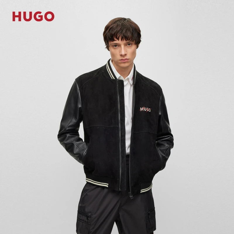 HUGO雨果 男士休闲时尚皮革棒球领衣袖麂皮学院风夹克50493382