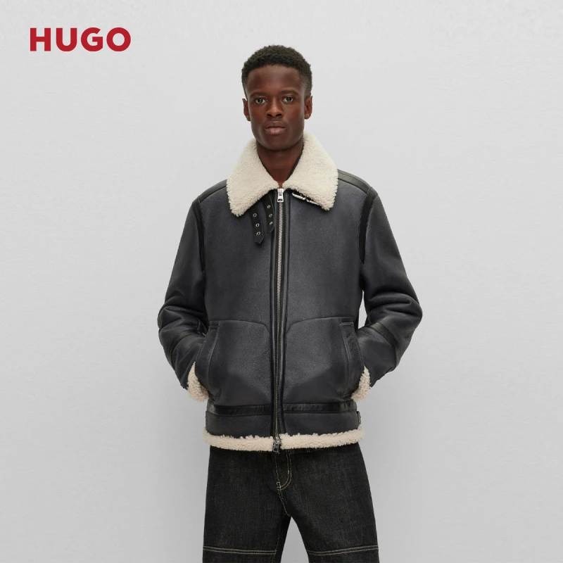 HUGO雨果男秋冬时尚潮流羊皮翻领设计常规版型飞行员夹克50496630