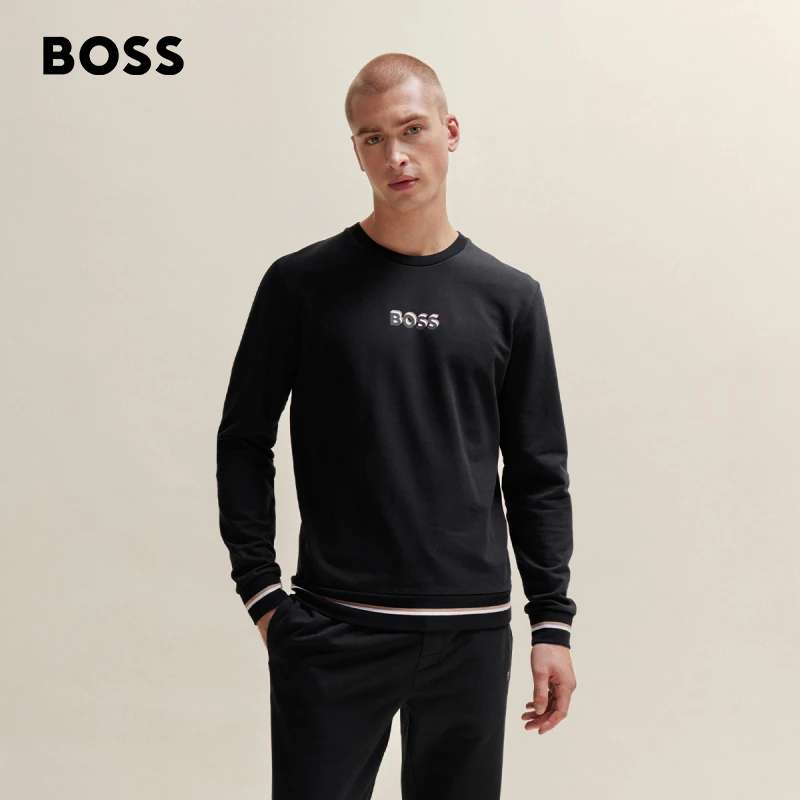 BOSS博斯男 早春经典配色徽标装饰棉质毛圈布休闲卫衣50510861