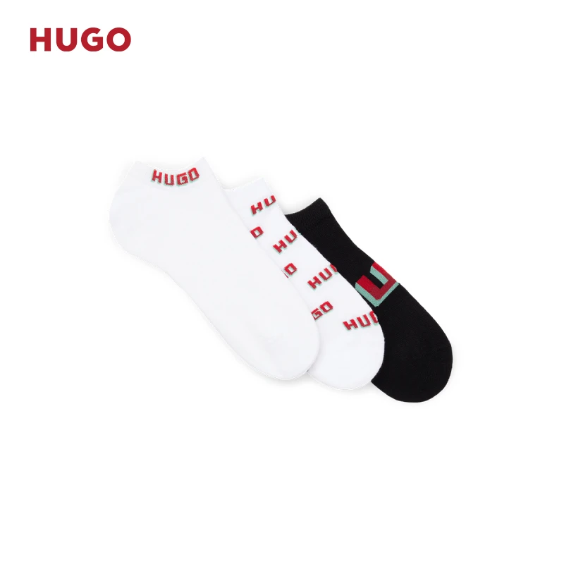 HUGO雨果男士  新款徽标装饰棉质混纺及踝袜三双装50518576