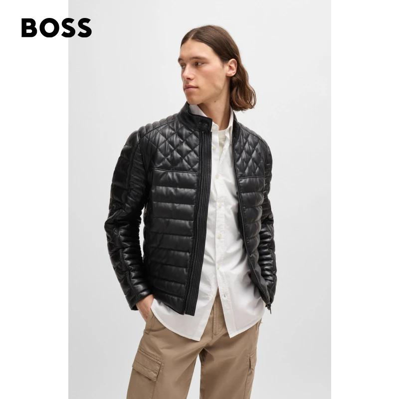 BOSS博斯男士秋季立领夹棉皮革休闲时尚简约黑色夹克50486635