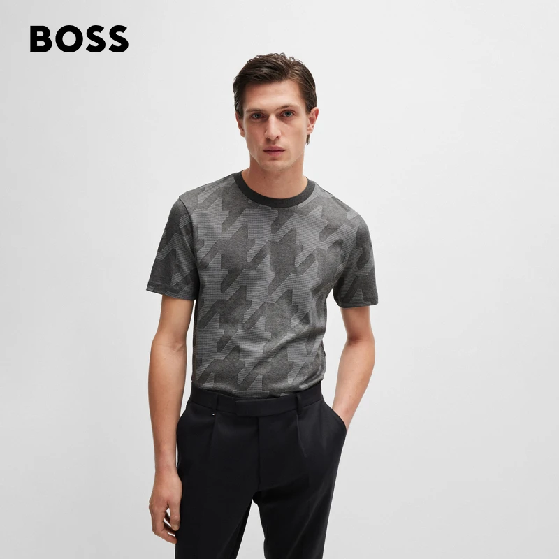 【丝光棉】BOSS博斯男士 新款千鸟格提花图案丝光棉质T恤50518869