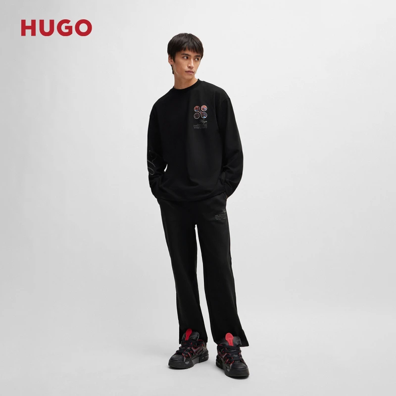 【100%棉】HUGO雨果潮流艺术图案印花装饰休闲棉质长袖T恤50511061