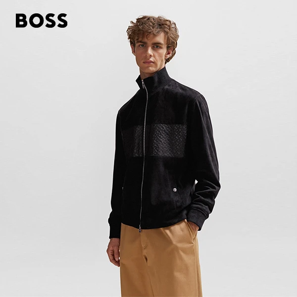 BOSS博斯男士新款浮雕B字休闲立领细腻质感羊皮夹克50508770