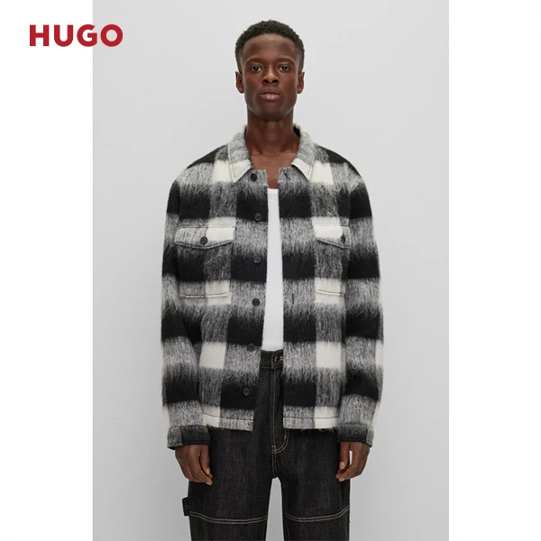 HUGO雨果男士2024早春秋冬格伦格纹羊毛效果面料外套衬衫50502102