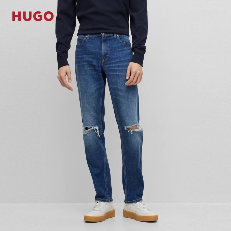 HUGO雨果男士秋冬休闲复古时尚破洞蓝色弹力修身牛仔裤50493869