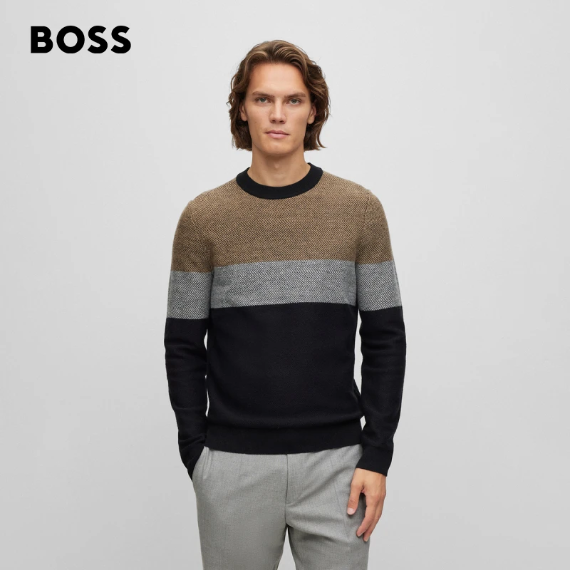 BOSS博斯男士针织休闲秋冬款式时尚混纺人字纹图案毛衣50500662