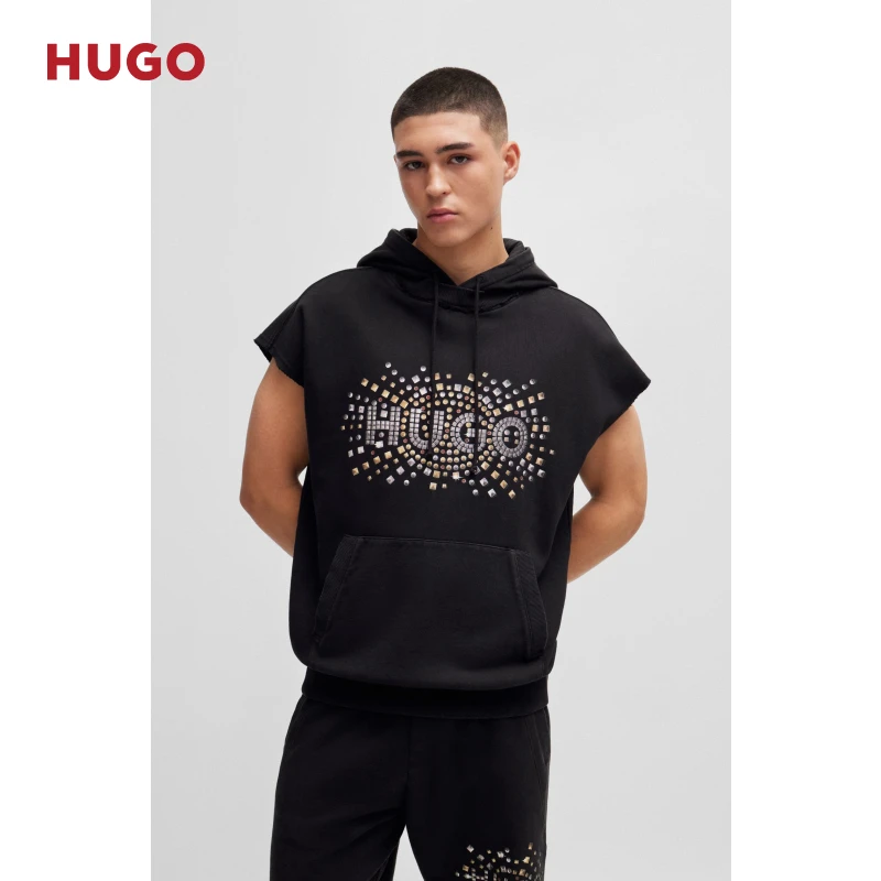 HUGO雨果24早春饰钉效果艺术图案无袖连帽卫衣50504541