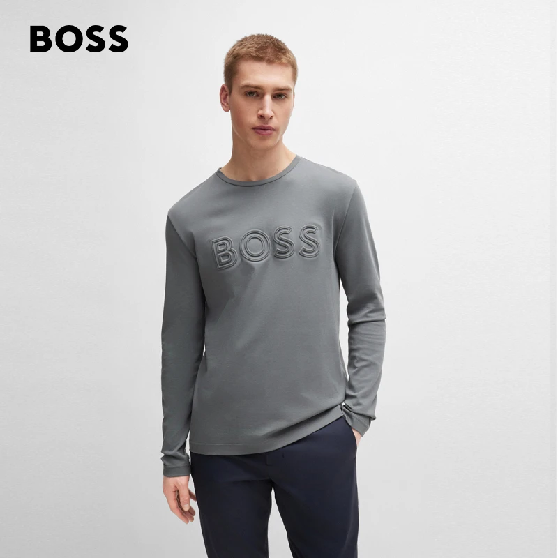 【100%棉】BOSS博斯男新款轮廓徽标常规版棉毛圆领长袖T恤50519356