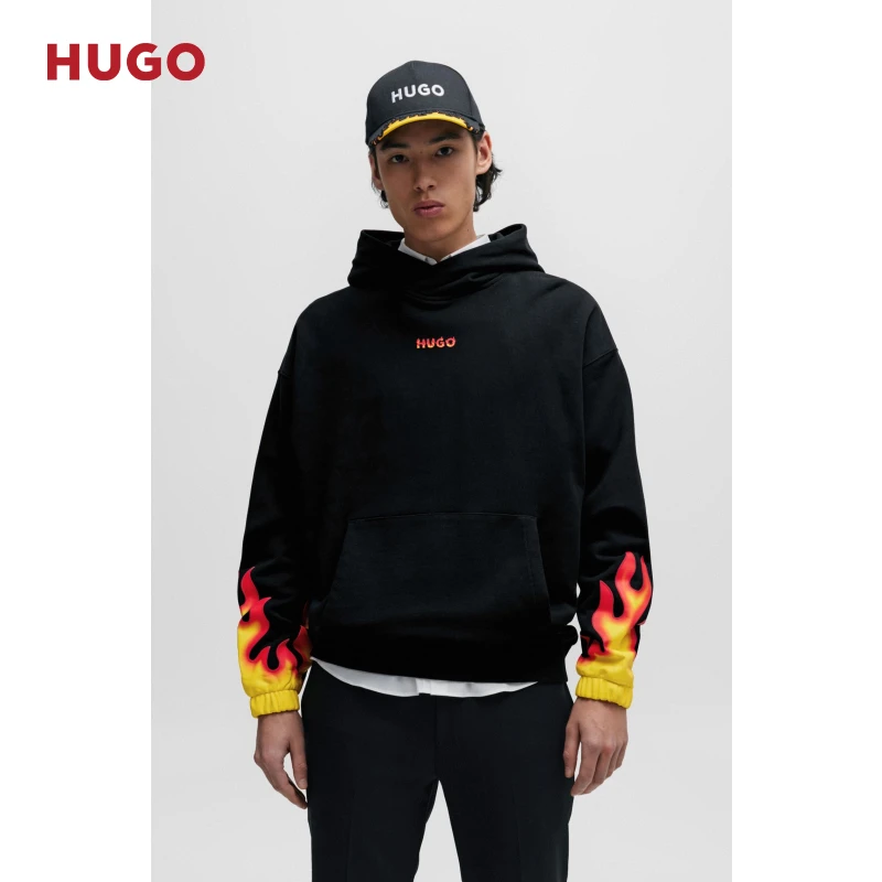 HUGO雨果男士 早春新款立体火焰印花徽标棉质连帽卫衣50504815