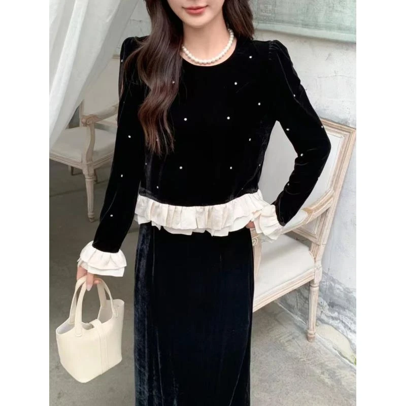 【深圳南油二姐】新中式国风珍珠点缀荷叶摆丝绒套装88011