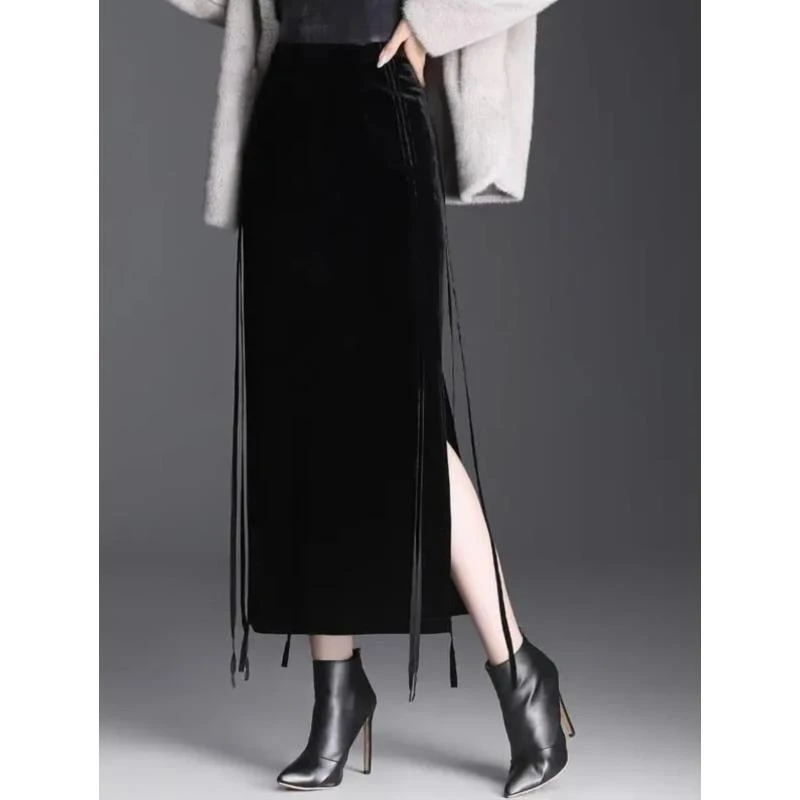 【深圳南油二姐】新中式国风时尚高腰开叉秋冬半身裙2918