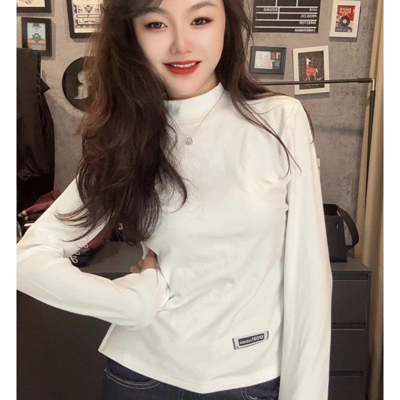 秋冬时尚复古白色立领简约打底衫2024新款修身显瘦内搭长袖上衣