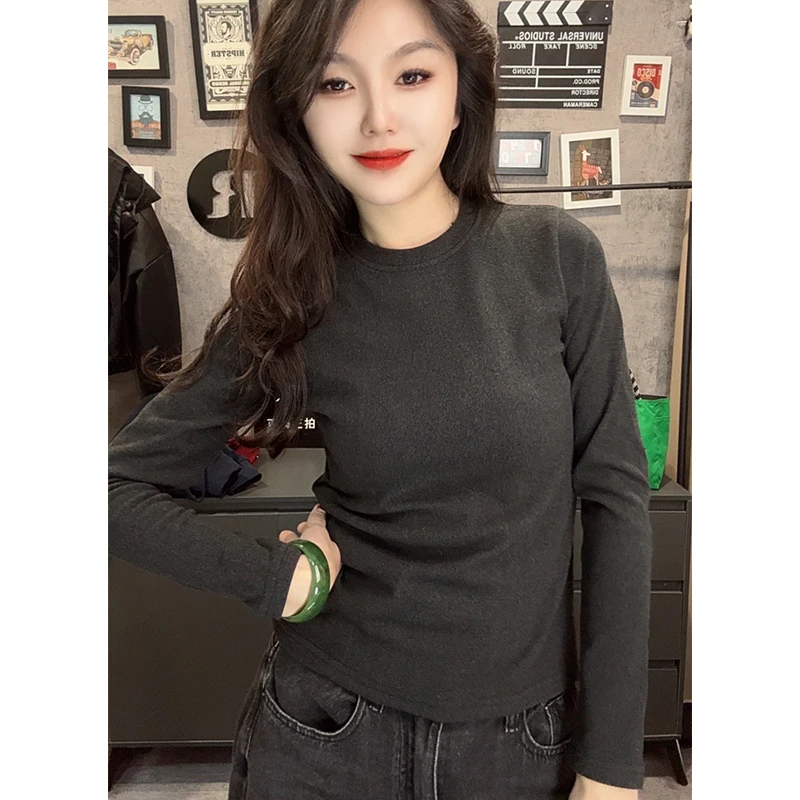 2024新款圆领打底衫自发热德绒女显瘦内搭修身上衣百搭长袖针织衫