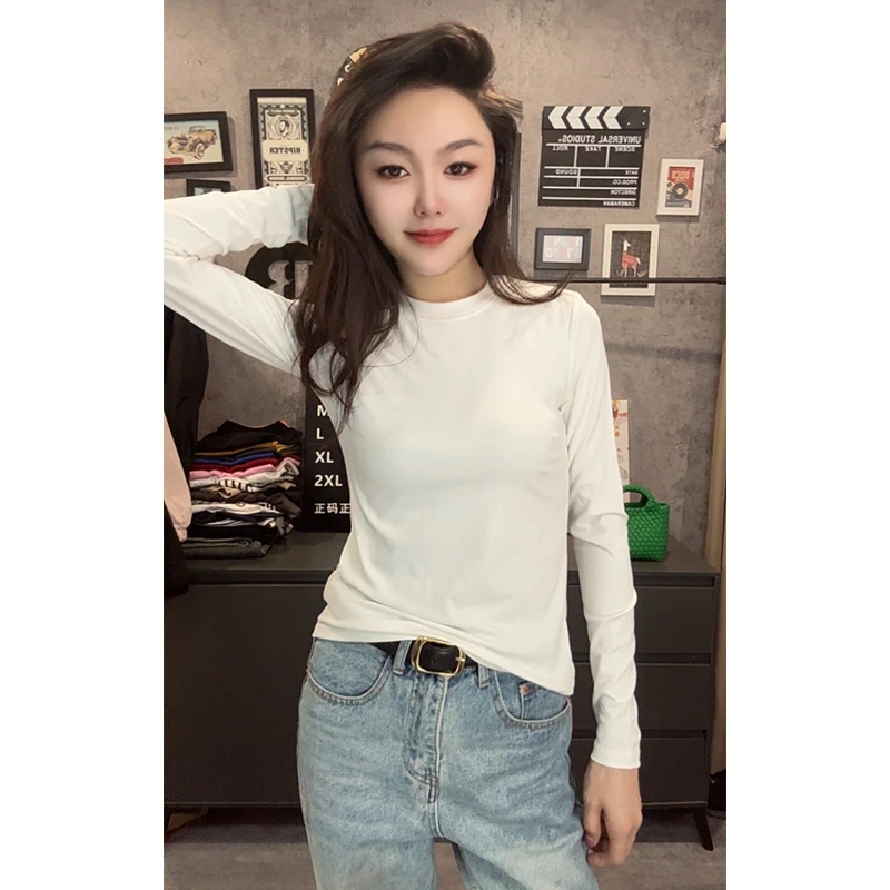春季新款透气亲肤长袖圆领棉T恤女修身显瘦纯色内搭长袖上衣