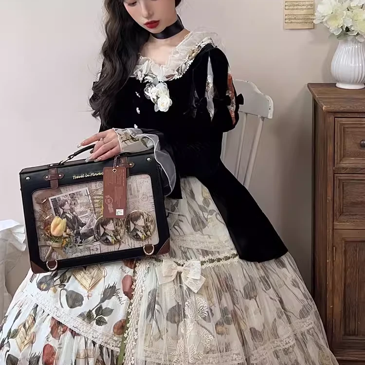 脑壳痛原创【花间旅行】pu痛包日常校供大容量透明手提双肩制服包