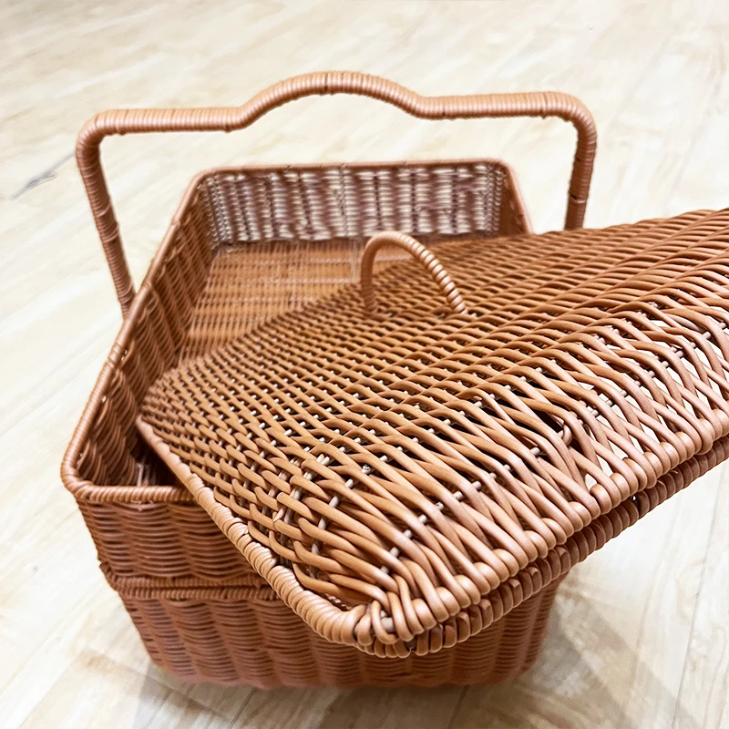 A181棕色长方双层加固带盖野餐篮收纳篮手工编织特大43*30*30