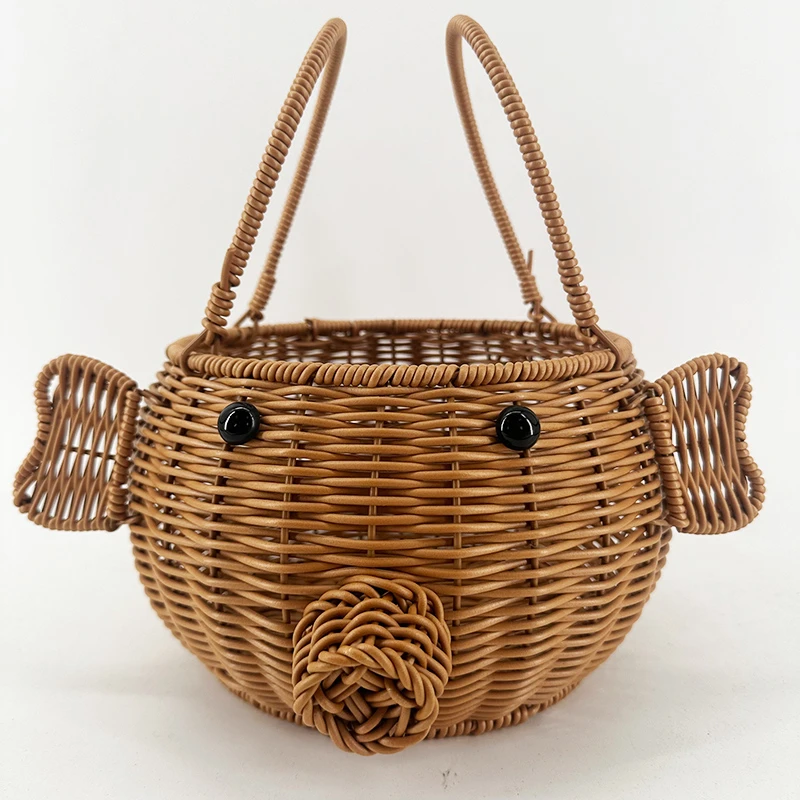 A040棕色双提手复古小猪购物篮纯手工编织20*15