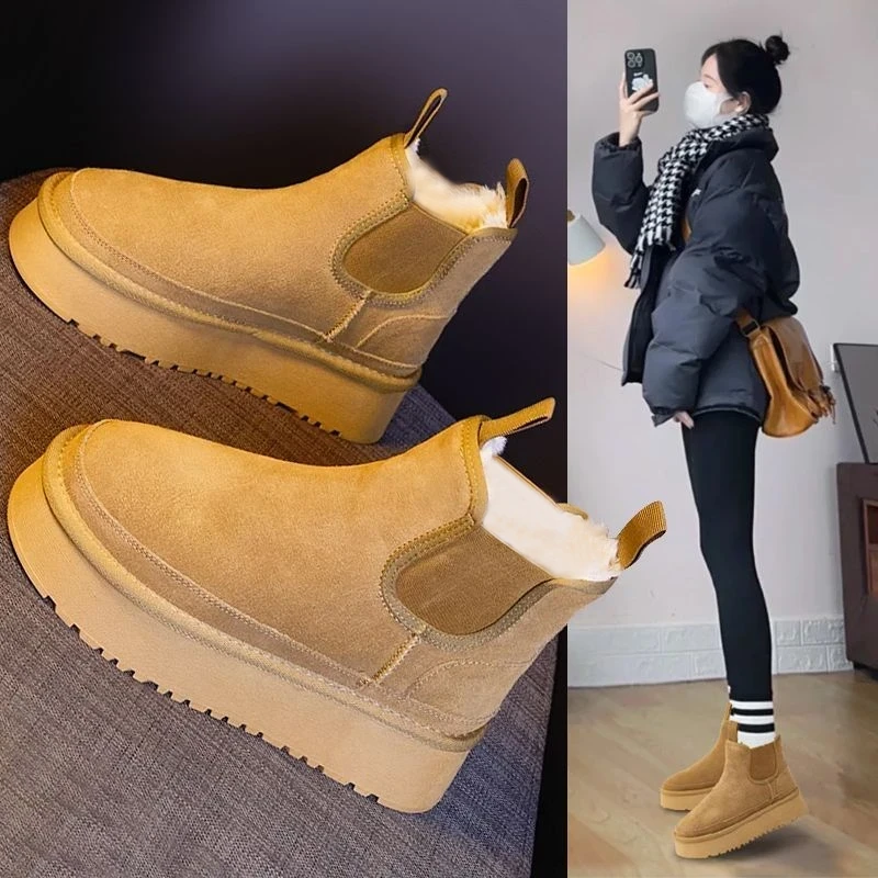 防滑厚底雪地靴2024秋冬新款皮毛一体加厚棉鞋一脚蹬保暖东北棉鞋