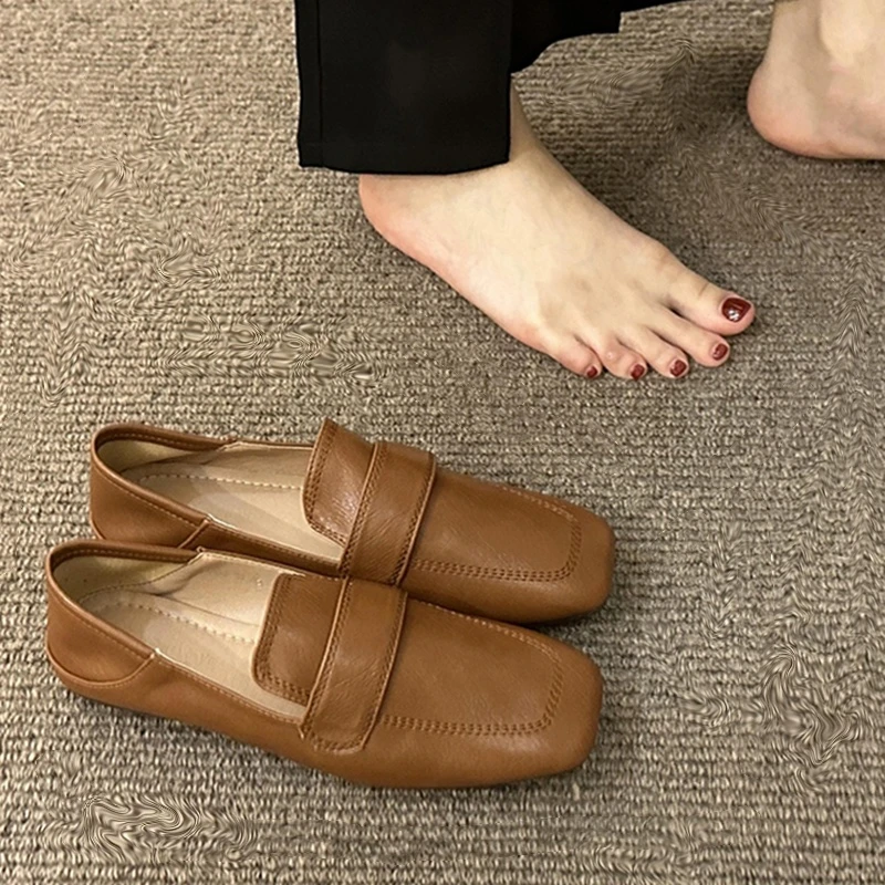 国潮法式复古温柔方头豆豆鞋女平底休闲单鞋软皮软底一脚蹬小皮鞋