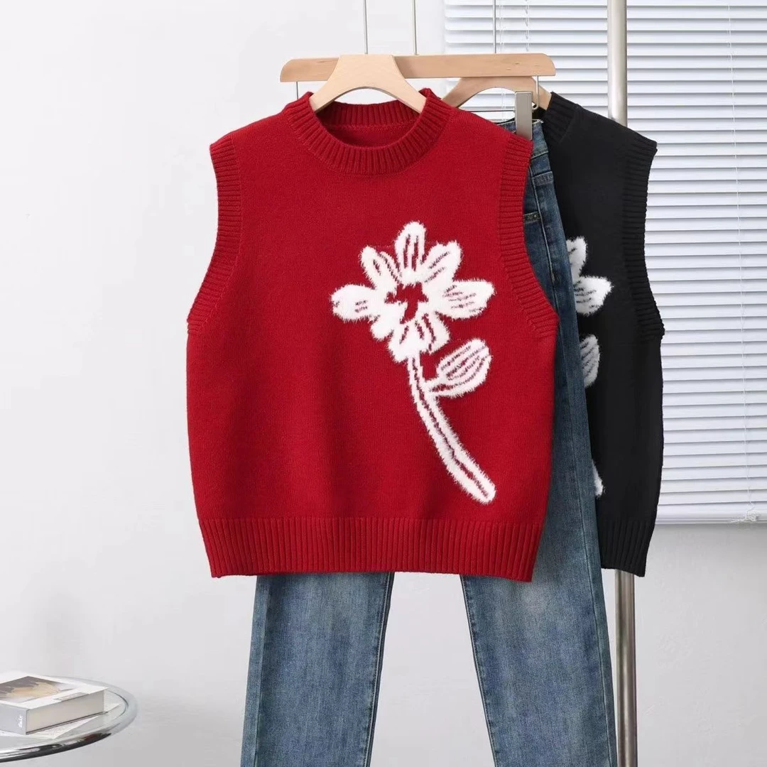 2024新款植绒绣花花朵针织背心女设计感韩版洋气宽松百搭显瘦遮肉