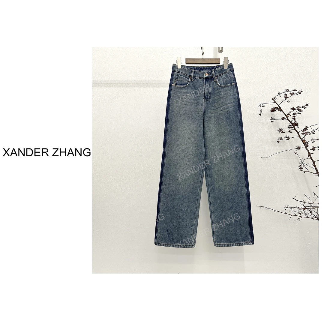 山大张显瘦册拼色窄版加绒小直筒牛仔裤YBTR1H690文艺百搭加厚款