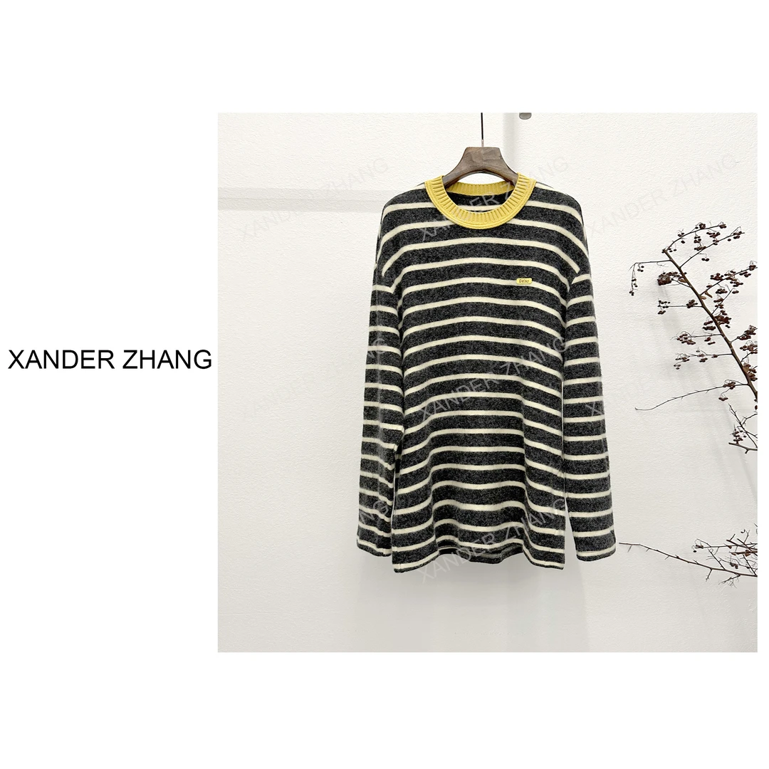 山大张时髦感黄色撞色领磨毛加厚条纹T恤YBT1H687宽松叠穿时尚