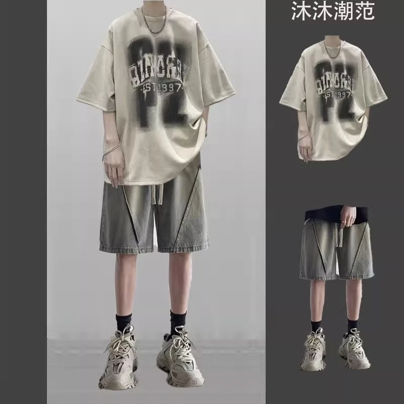 短袖t恤套装男生夏季潮流宽松一套搭配男装痞帅气牛仔短裤两件套