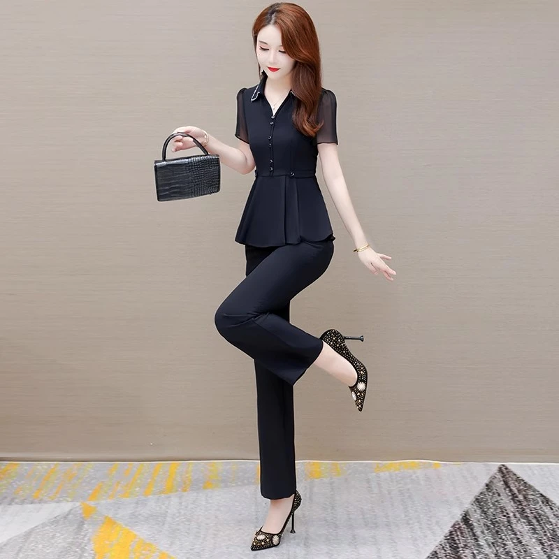 小个子雪纺职业套装女夏装贵夫人时尚品牌两件套洋气减龄显瘦遮肉