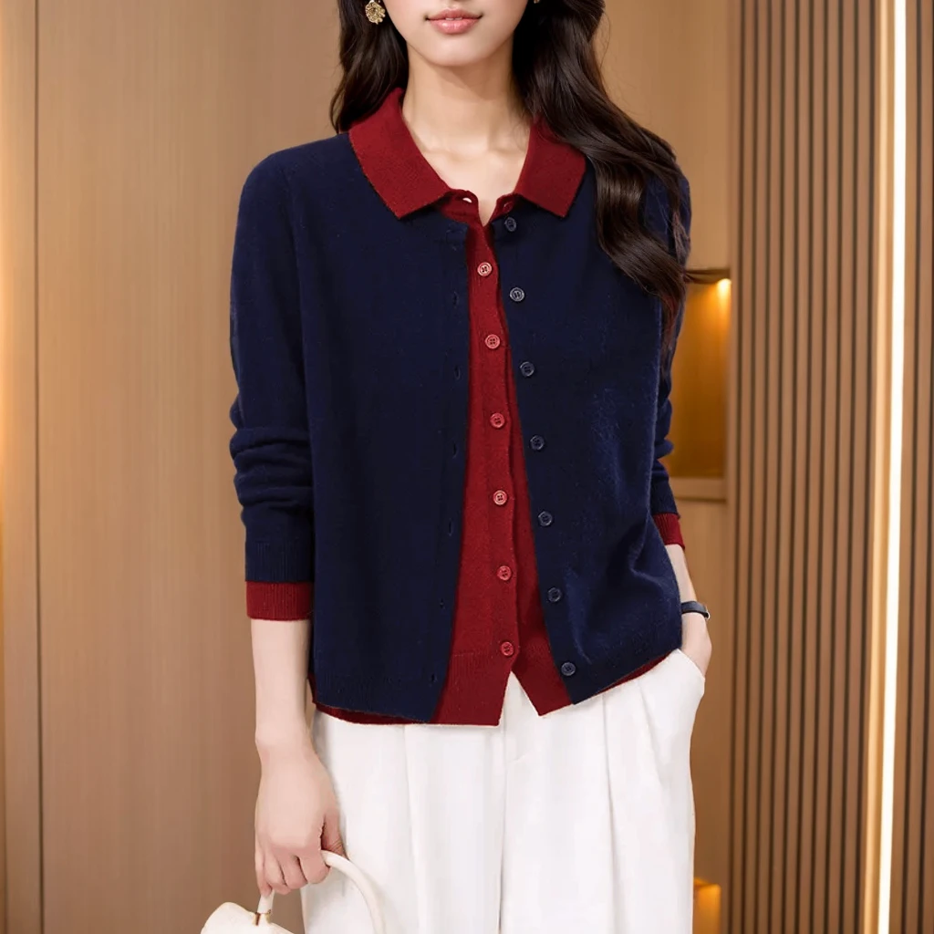 红针织衫女2025新款秋冬季假两件洋气喜婆婆开衫小香风外套上衣