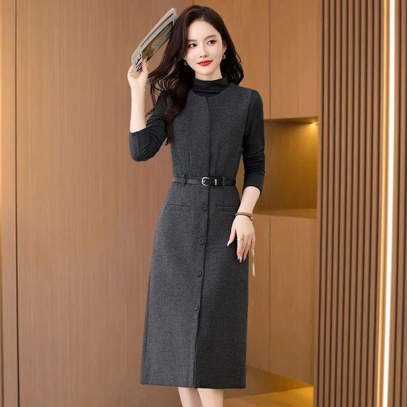 气质复古两件套长袖连衣裙女秋冬新款高端气质轻奢中长款显瘦裙子