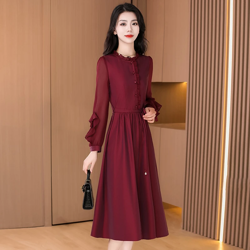 红色喜婆婆婚宴长袖连衣裙女春秋2024新款妈妈高贵结婚礼服十三行