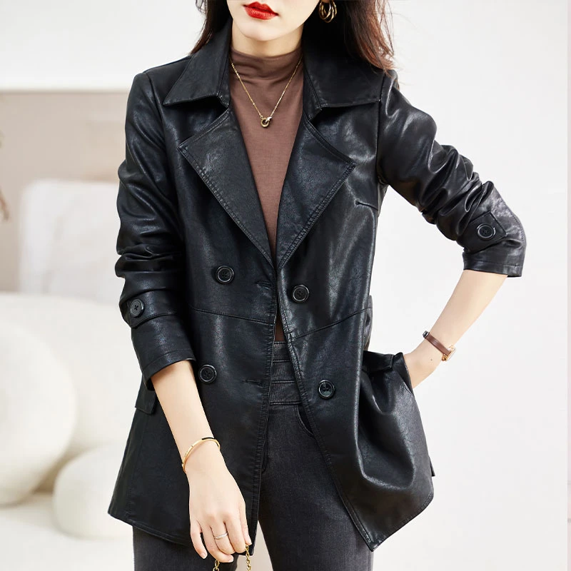 海宁西装领皮衣外套女秋冬新款爆款休闲中长款皮夹克上衣意法风衣