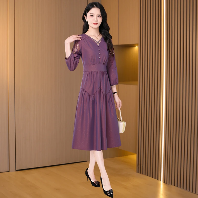 十三行高端长袖连衣裙女2025春秋新款收腰显瘦法式妈妈轻奢高级感