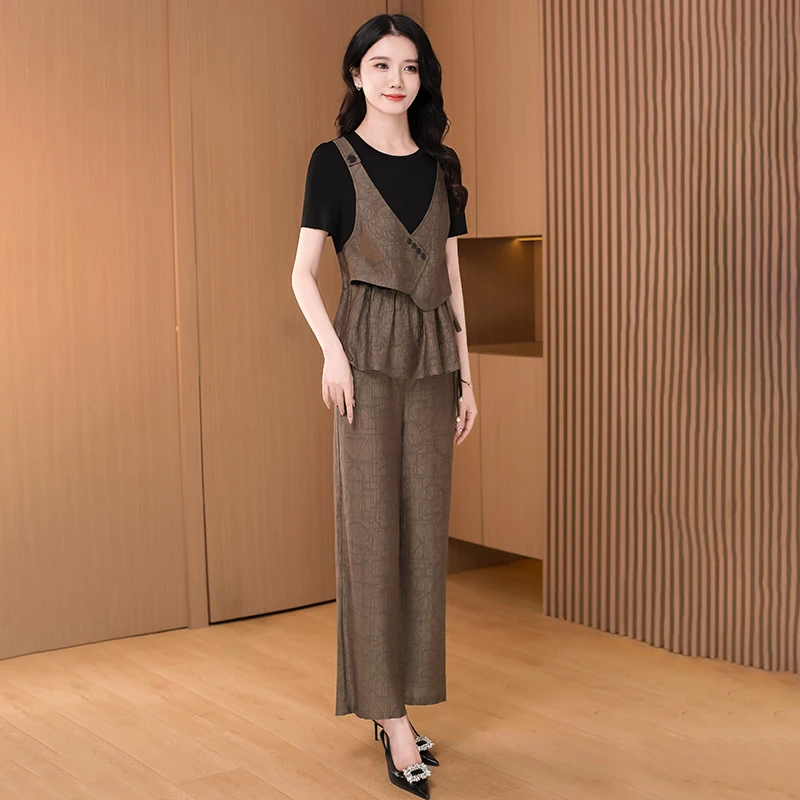 杭州职业套装2025新款女夏阔太太洋气轻奢高端显瘦遮肉背带两件套