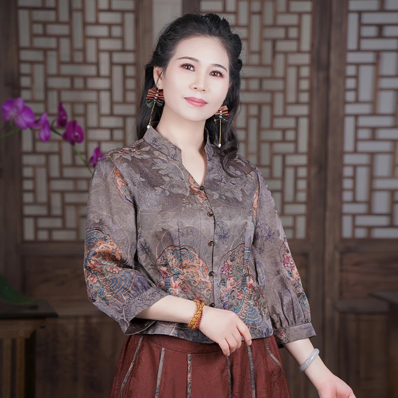 【黛青】真丝服饰时尚衬衣中式百搭上衣香云纱女装新款G520352-2