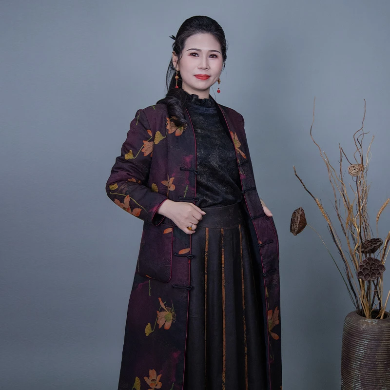 【紫气蓬来】香云纱中式双面穿冬季长款保暖棉服外套加厚C364089