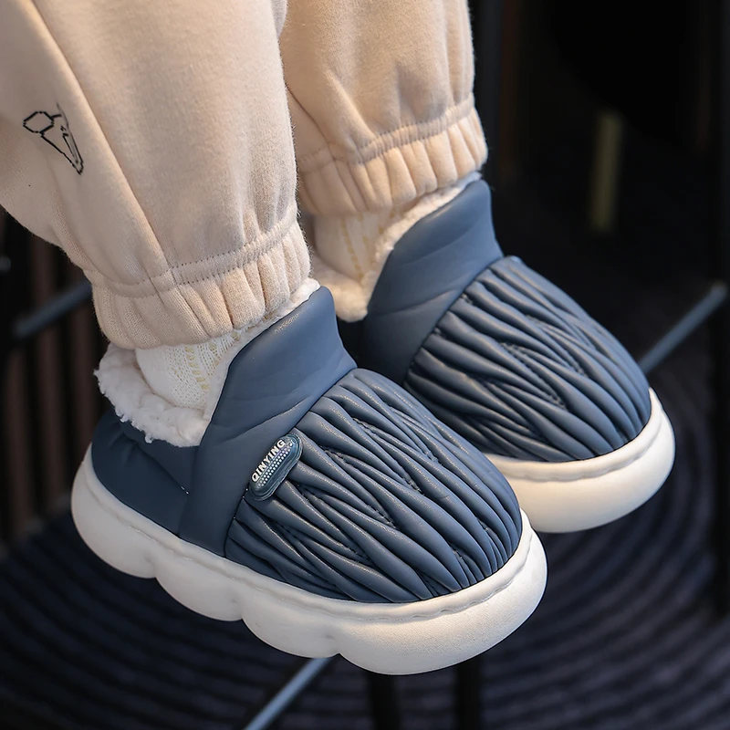 冬季儿童棉鞋男女童保暖加绒PU皮亲子包跟防水居家宝宝小孩棉拖鞋