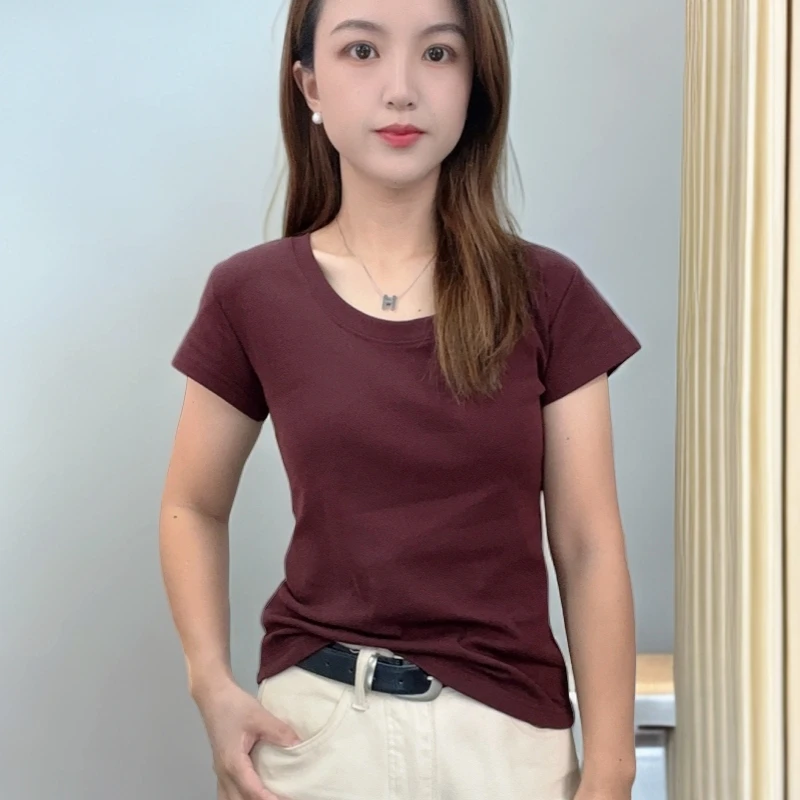 92棉2024夏季新款女装纯色U型圆领t恤宽松气质正肩短袖上衣韩版女