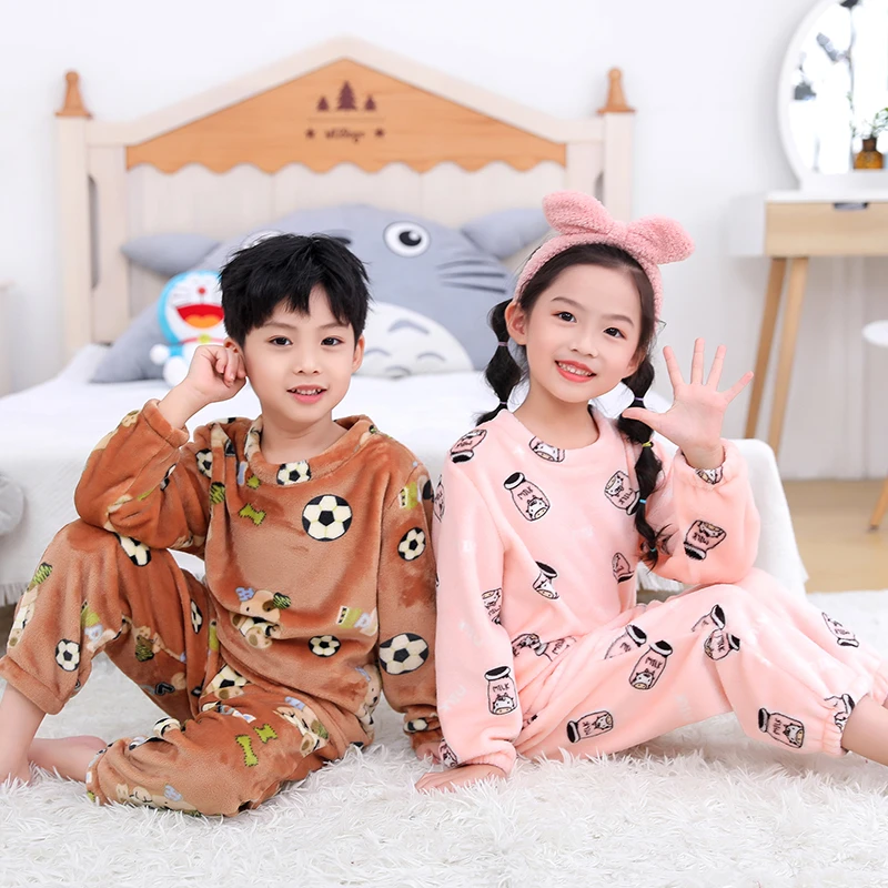 秋冬季加绒儿童法兰绒睡衣珊瑚绒加厚保暖男孩女童小孩家居服套装