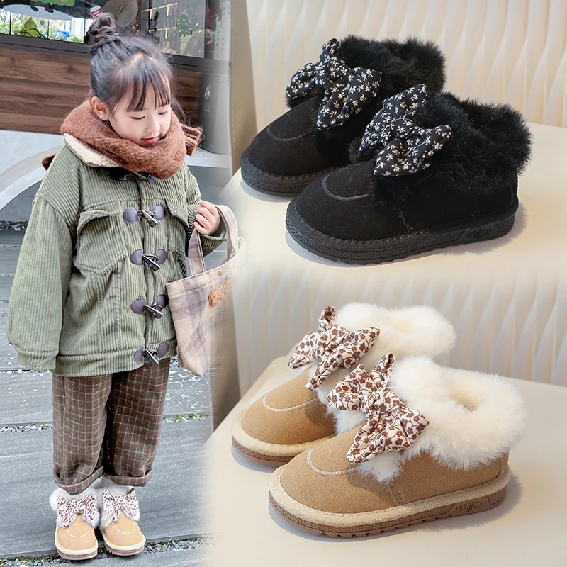 女童加绒加厚大棉靴2023冬季新款蝴蝶结公主雪地靴防滑中大童短靴