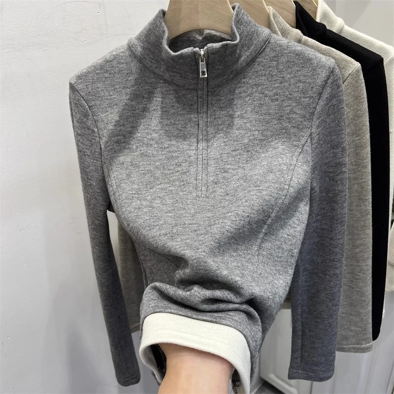 设计感小众半拉链立领长袖T恤女秋冬内搭外穿修身德绒打底衫上衣