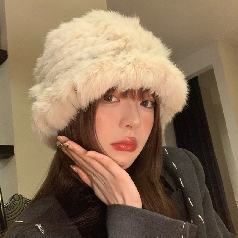 兔毛帽子女秋冬季显脸小毛茸茸毛绒帽潮保暖护耳皮草渔夫帽大头围
