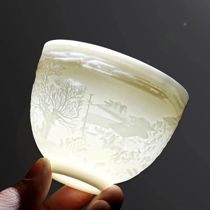 羊脂白瓷清明上河图主人杯茶杯手工水杯高档龙纹中式羊脂茶杯