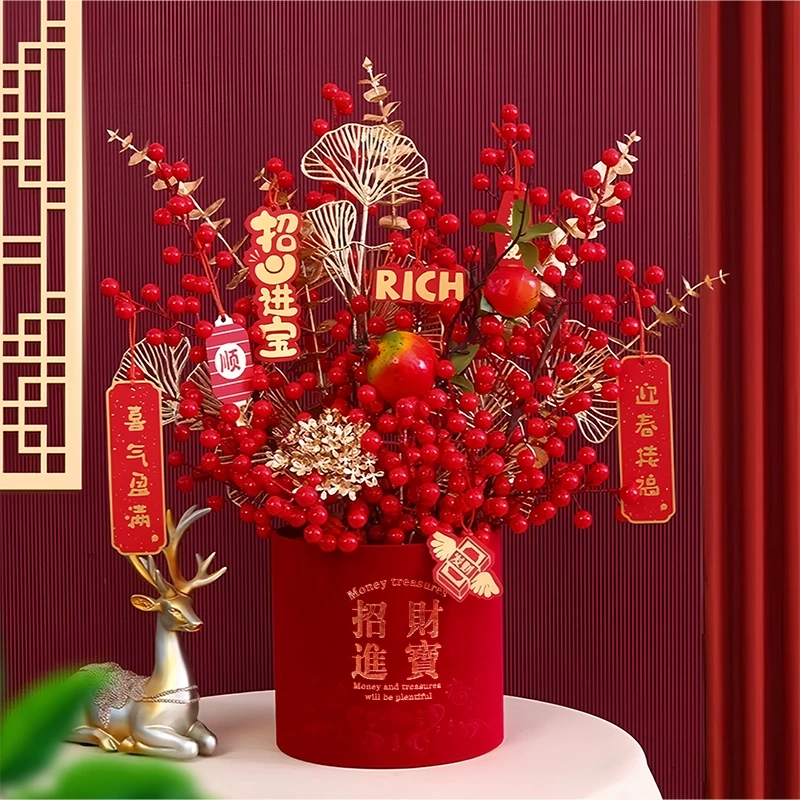 【精选】新年抱抱桶福桶新春时尚红色喜庆仿真花室内乔迁喜招财进宝