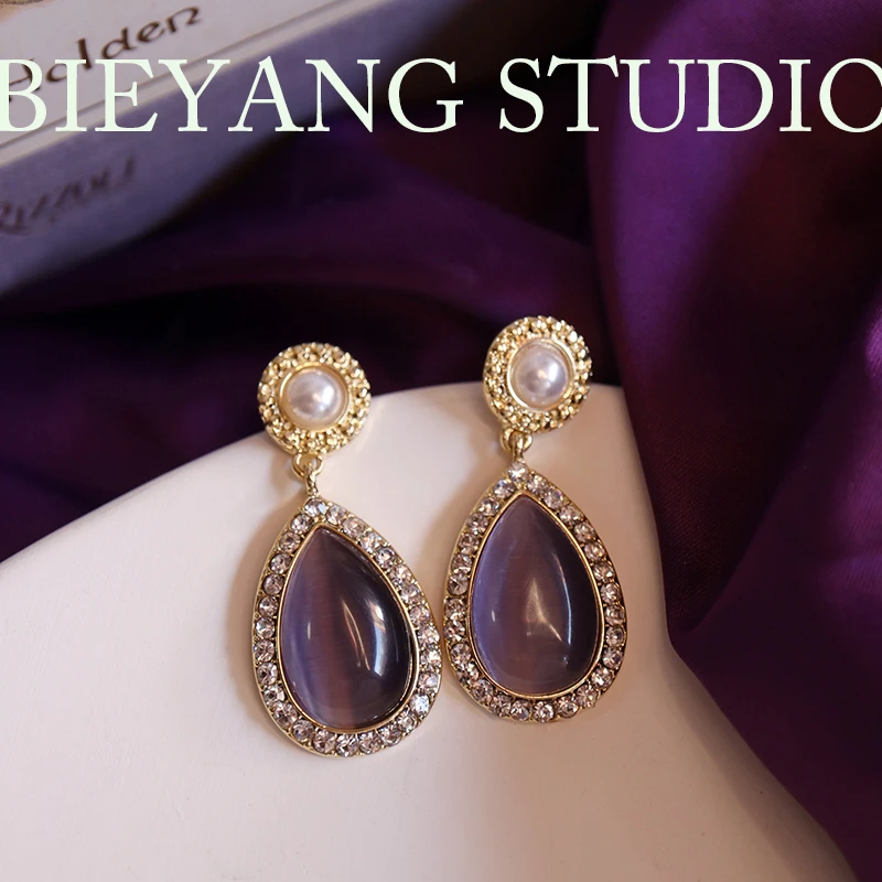 铜合金耳饰 【小野仙紫】复古法式紫色猫眼石轻奢优雅水滴耳环耳饰