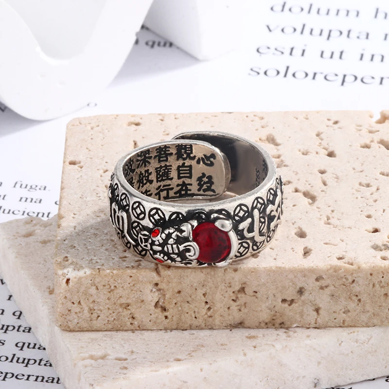 璞龙银•朴作手工貔貅红石心经雕刻戒指•复古小众