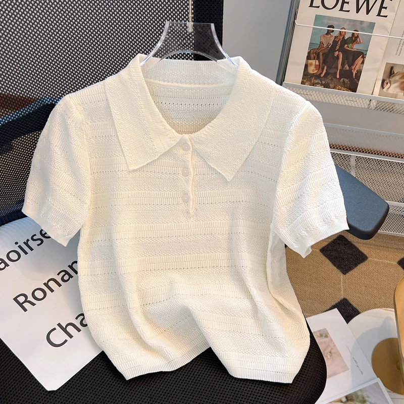 大码Polo领镂空冰丝针织衫女夏季薄款气质百搭别致小香风t恤上衣