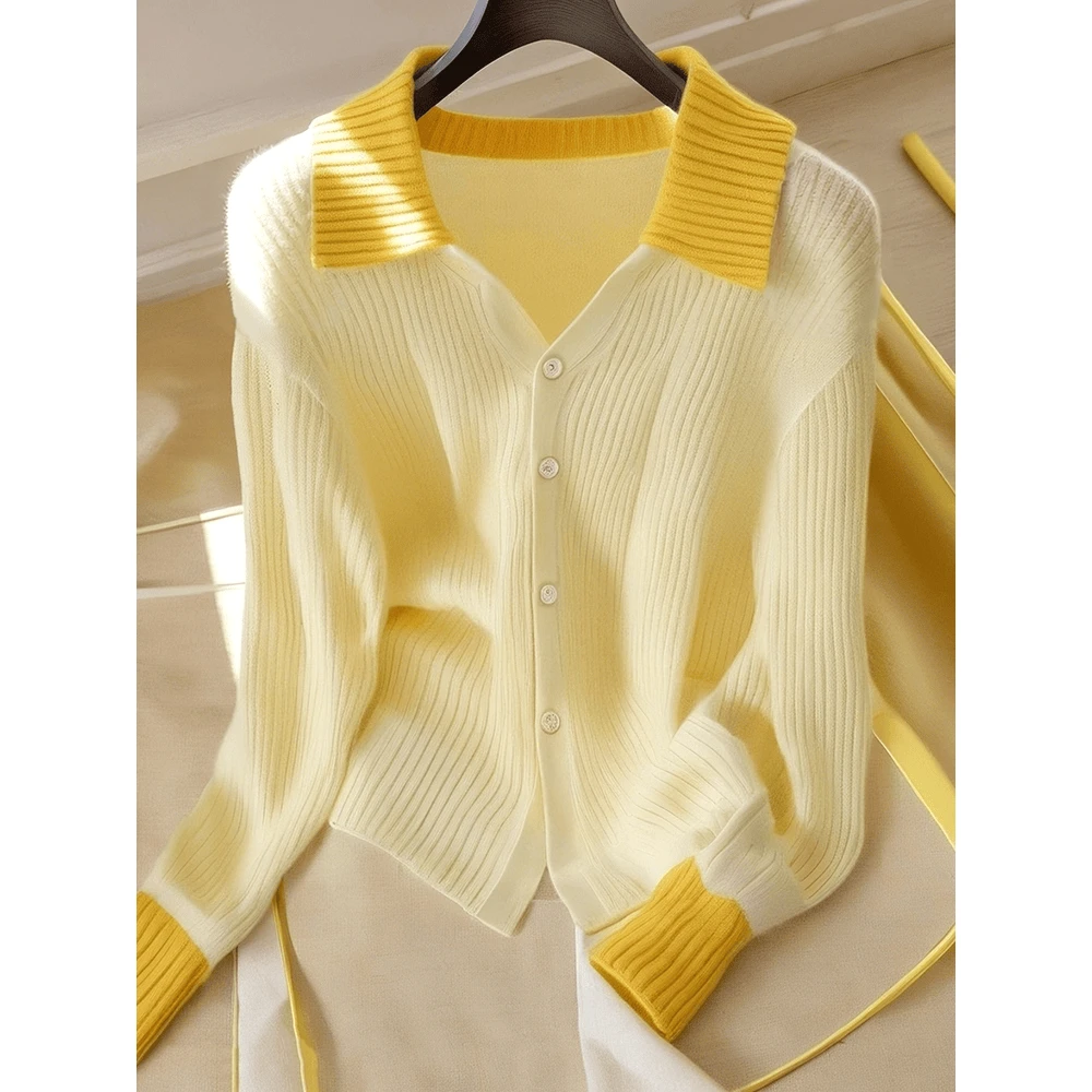 大码黄色多巴胺针织衫开衫毛衣女设计感洋气休闲百搭早秋chic上衣