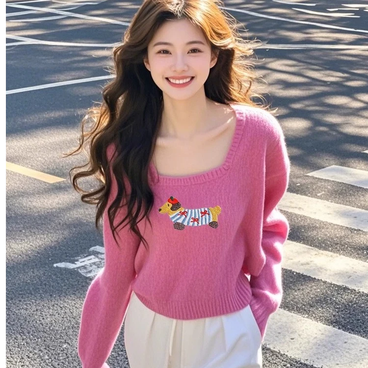 大码粉色方领长袖针织衫女2025早春多巴胺宽松软糯慵懒百搭上衣